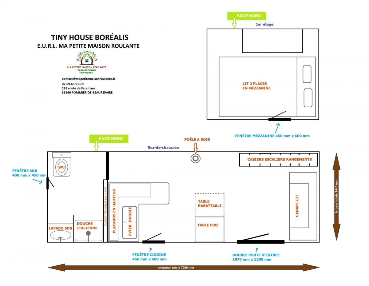Plan intérieur de la tiny house BORÉALIS : salle d'eau, cuisine, séjour avec canapé-lit, poêle à bois et mezzanine